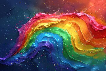 Rainbow of colorful splashes of paint on a black background with stars. - obrazy, fototapety, plakaty