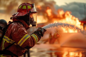 Firefighter in protective gear extinguishing blazing fire with a water hose