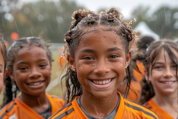 Young female soccer player smiling in rain after game with team in background