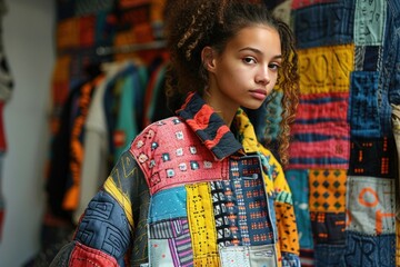 Portrait of a young woman with curly hair wearing a vibrant patchwork jacket and smiling - obrazy, fototapety, plakaty