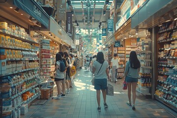 Blurred motion of people in a busy indoor market with colorful lights and reflections - obrazy, fototapety, plakaty