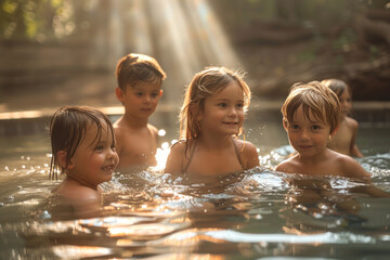 Happy children playing together in a swimming pool on a sunny day - obrazy, fototapety, plakaty