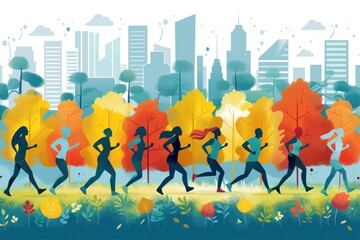 Group of people running in a park with a city skyline in the background