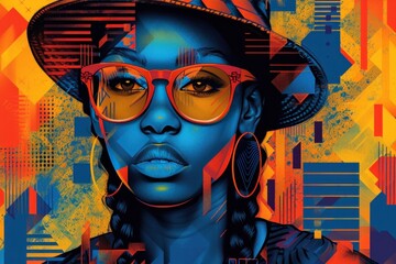Portrait of a young African-American woman wearing a hat and sunglasses, with a colorful background
