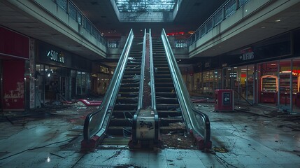 Capture the eerie stillness of a deserted shopping mall, its storefronts boarded up and escalators frozen in time, a monument to the fleeting nature of consumer culture. - Powered by Adobe