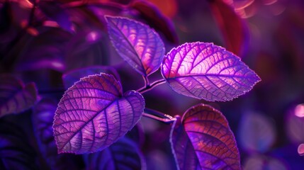 Artistic portrayal of leaves with vibrant neon effect in purple pink. Neon glow on purple and pink leaves for artistic effect. Rich purple and pink leaves under neon lighting.