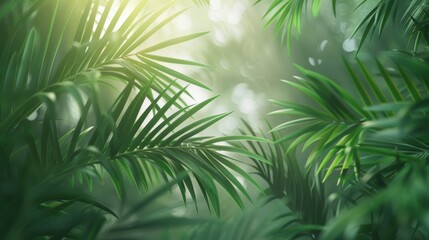 Sunlit palm leaves offering a peaceful and natural atmosphere. Glistening sunlight through vibrant palm foliage. Tranquil nature scene with radiant green palm leaves.