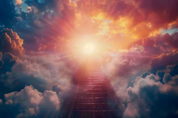 Deurstickers Illustration of a stairway ascending towards heavenly realms with a bright sky, clouds, and sun shining through the stairway. Symbolizing spiritual transcendence and enlightenment.  © jex