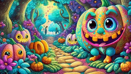 Oil painting style Cartoon character large pumpkins are arranged on the ground 