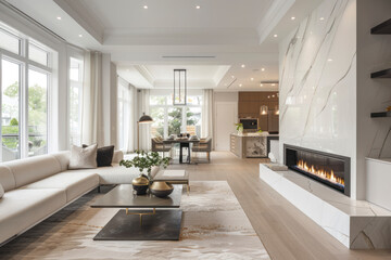Contemporary living room with open concept view through to dining room kitchen and a marble fireplace with gas fire. - obrazy, fototapety, plakaty