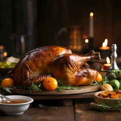 Roasted turkey with rosemary on wooden background. Selective focus.