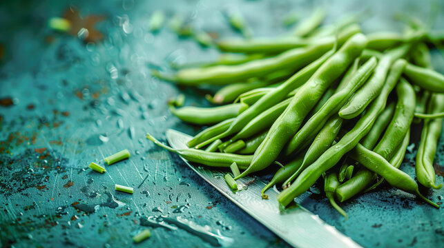 Fresh green beans and knife on a table