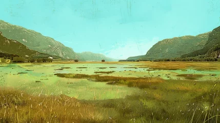 Stoff pro Meter  A landscape painting featuring towering mountains against a tranquil body of water, with lush green grass in the front © Olga