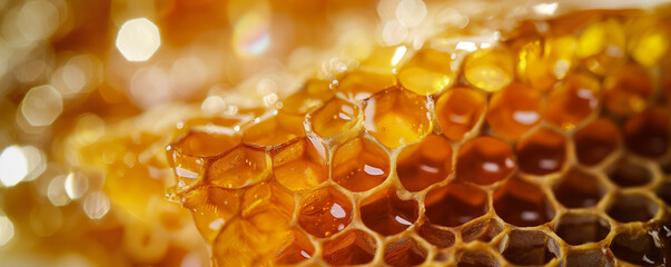 Close-up of glistening honeycomb. Natural food and beekeeping concept. Organic farming and healthy food concept. Banner with copy space for food blogs, and natural sweetener advertising.