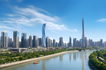 Fototapeta na wymiar Spectacular View of the pulsating GZ Zhujiang New Town Skyline - A Testimony to Urban Modernity and Architectural Splendor