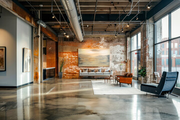 Modern office Interior with old vintage brick Wall. Art work business space.