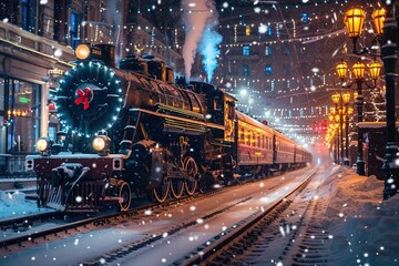 a locomotive steam train decorated with Christmas lights drives through the snowy streets of the big city on Christmas Eve