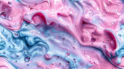  A close-up photo of a mixture of pink, blue, and white liquids, with water droplets, on a white backdrop - obrazy, fototapety, plakaty