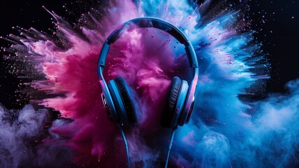 Headphone And Colorful Exploding Vivid Powder On Dark Background, Generative AI.
