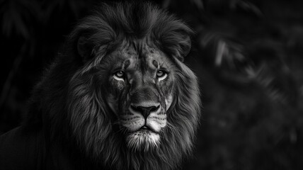 Magnificent intimidating and aggressive wild African adult male lion. Close up portrait in black and white. National Park South Africa.