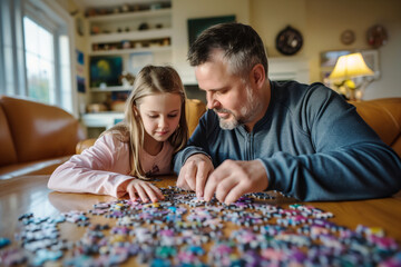 portrait of a father assembling a puzzle with his daughter