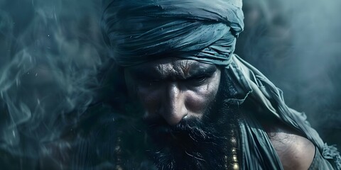 A wounded Sikh warrior shows resilience and determination inspiring his comrades to persevere in battle. Concept Courage, Resilience, Determination, Leadership, Sikh Warrior - obrazy, fototapety, plakaty
