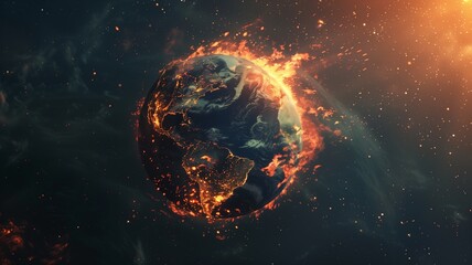 Abstract apocalyptic background, burning and exploding planet . Planet earth is burning because the climate change concept. - obrazy, fototapety, plakaty