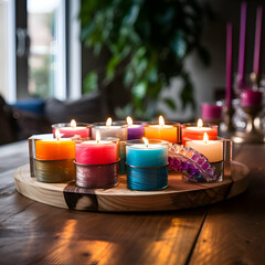 Burning candles on a wooden table in a cozy home interior.