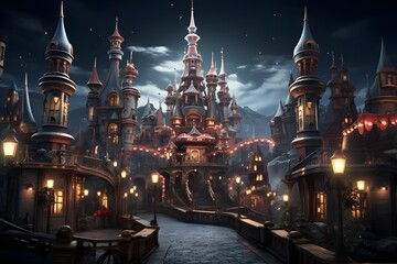 Fantasy landscape with fantasy fairytale castle and river at night