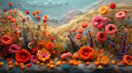  A painting depicts a field of flowers against a blue sky and cloudy background