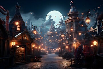 Old town at night with a full moon in the background. 3d rendering