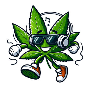 Cannabis character smiling in sunglasses and listening music in headphones, fun and joy. Isolated on white background. Medicinal marijuana hemp leaf cute character for stickers, t-shirt design
