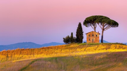 Fototapeta premium A house atop a hill with a tree on its roof and a mountain in the distance