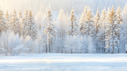  A snowy forest with tall trees in the background and a cluster of trees covered in snow in the foreground