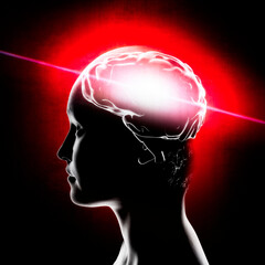 Side view of a girl with headache, brain pain, symptoms. Vertigo and drop in blood pressure. 3d rendering