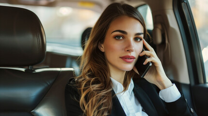 businesswoman in taxi on the phone