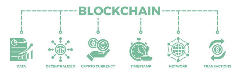 Blockchain banner web icon illustration concept with icon of data, decentralized, crypto currency, timestamp, network and transactions