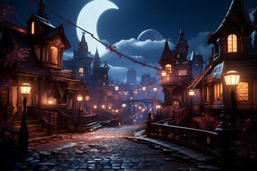 Illustration of the Old Town at night with a full moon.