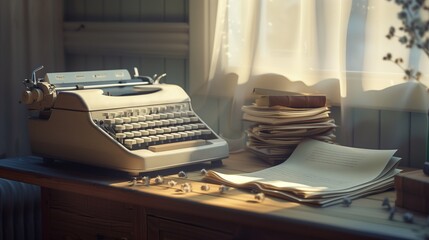 An elegant, minimalist composition of a vintage typewriter on an old wooden desk, with a stack of freshly typed manuscript pages beside it. copy space for text