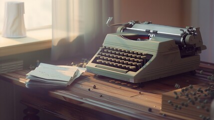 An elegant, minimalist composition of a vintage typewriter on an old wooden desk, with a stack of freshly typed manuscript pages beside it. copy space for text - Powered by Adobe
