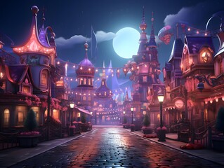 Fantasy fairytale town at night. 3D illustration.