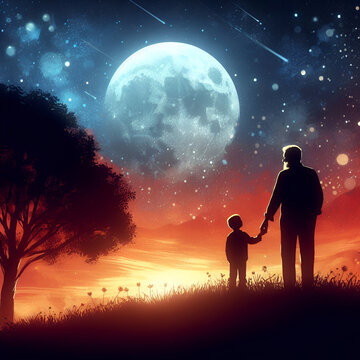 father and son admiring the moon "Happy Father's Day" written