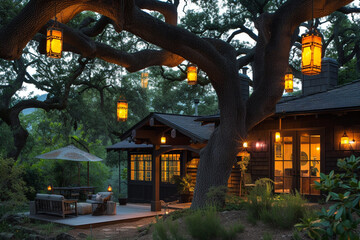 Craftsman house in the evening with an adjacent old oak tree and hanging lanterns