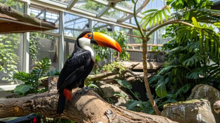 Fototapeta premium A toucan perches on a palm tree branch against a vibrant greenhouse backdrop in a tropical landscape