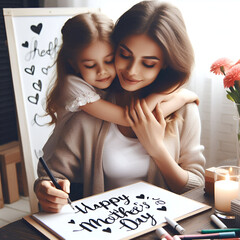 mother hugging daughter writing "happy mother's day"