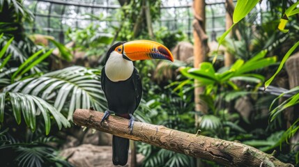 Fototapeta premium A vibrant toucan atop a palm tree amidst lush foliage in a tropical environment
