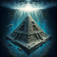 pyramid of lost Atlantis world under water. Lost ancient civilization. Ai generated