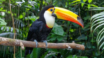 Fototapeta premium A colorful toucan perches on a branch amidst a sea of green foliage and trees, boasting a vibrant yellow-orange-black beak