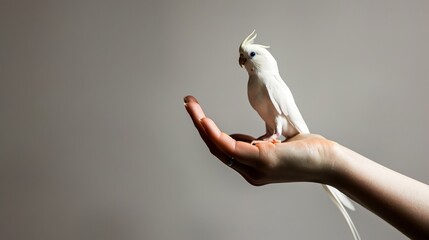  A small, snow-white avian sat atop a person's outstretched palm against a light gray backdrop