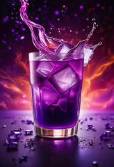 Bright purple cold cocktail with ice in a transparent glass and splashes on the background of futuristic mystical esoteric blur elements. Side view